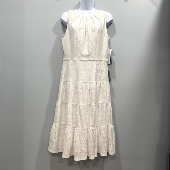 London Times Tiered Eyelet Lace Midi Dress White Size 8 Workwear Peasant NEW - Picture 2 of 11
